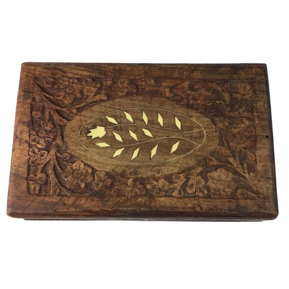 Wood Jewelry Chest Storage Box Inlay Carved Floral Pattern Solid Mid Century u - Picture 3 of 9